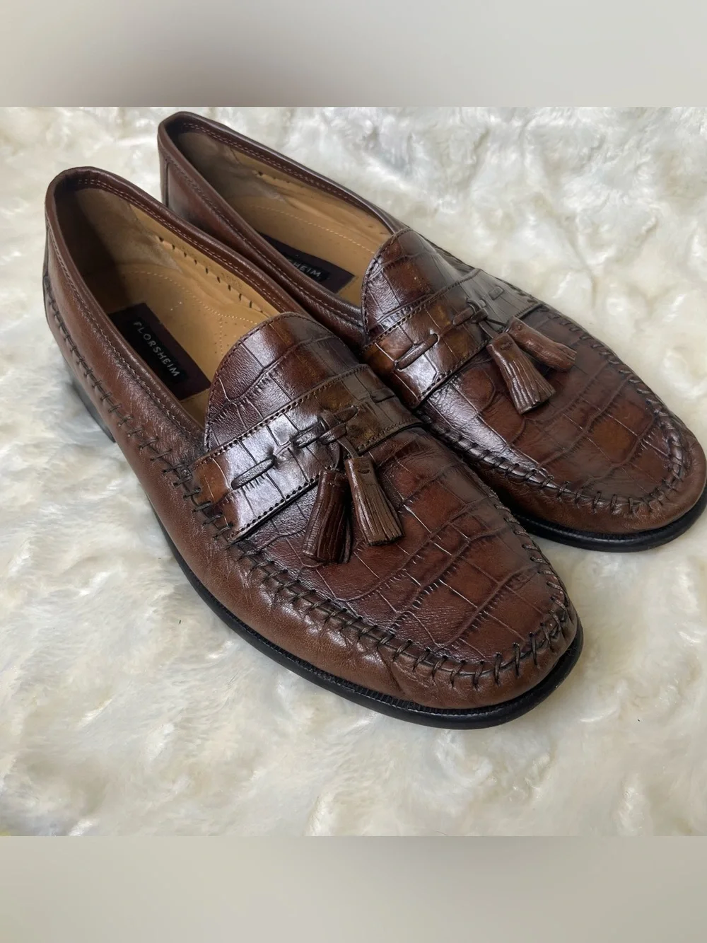 Vintage Florsheim Leather Pisa Moc Toe Tassel Crocodile Print Loafers Size 10.5B
